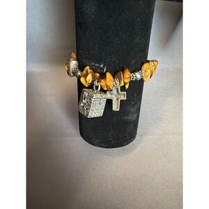 Tigers Eye Chip Bead Stretch Bracelet with Silver Prayer Box and Cross Charms